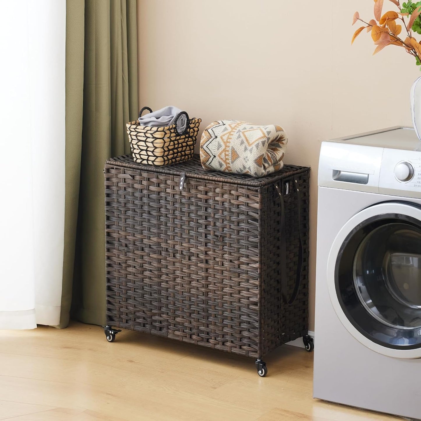 Cesta ropa con ruedas 3 secciones ratán 150L