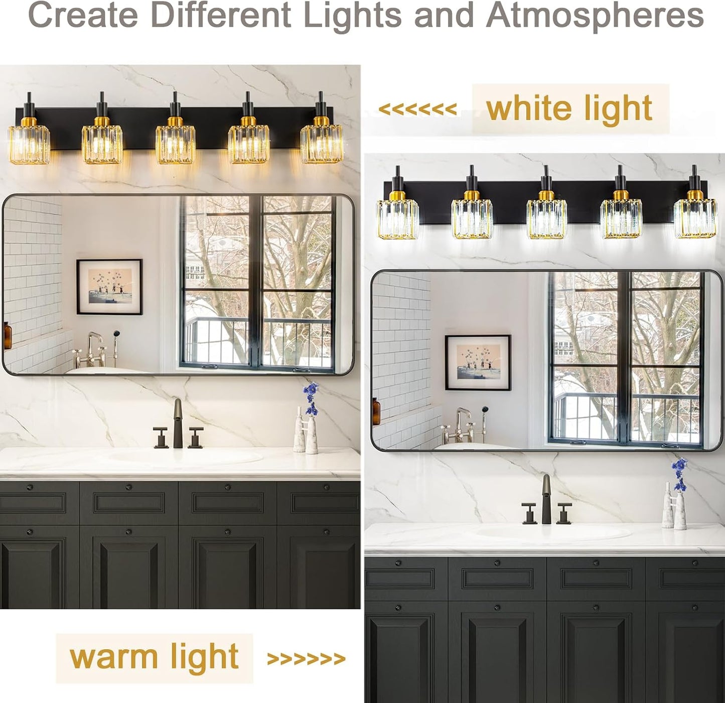 Lámpara baño cristal negro dorado 5 luces sobre espejo