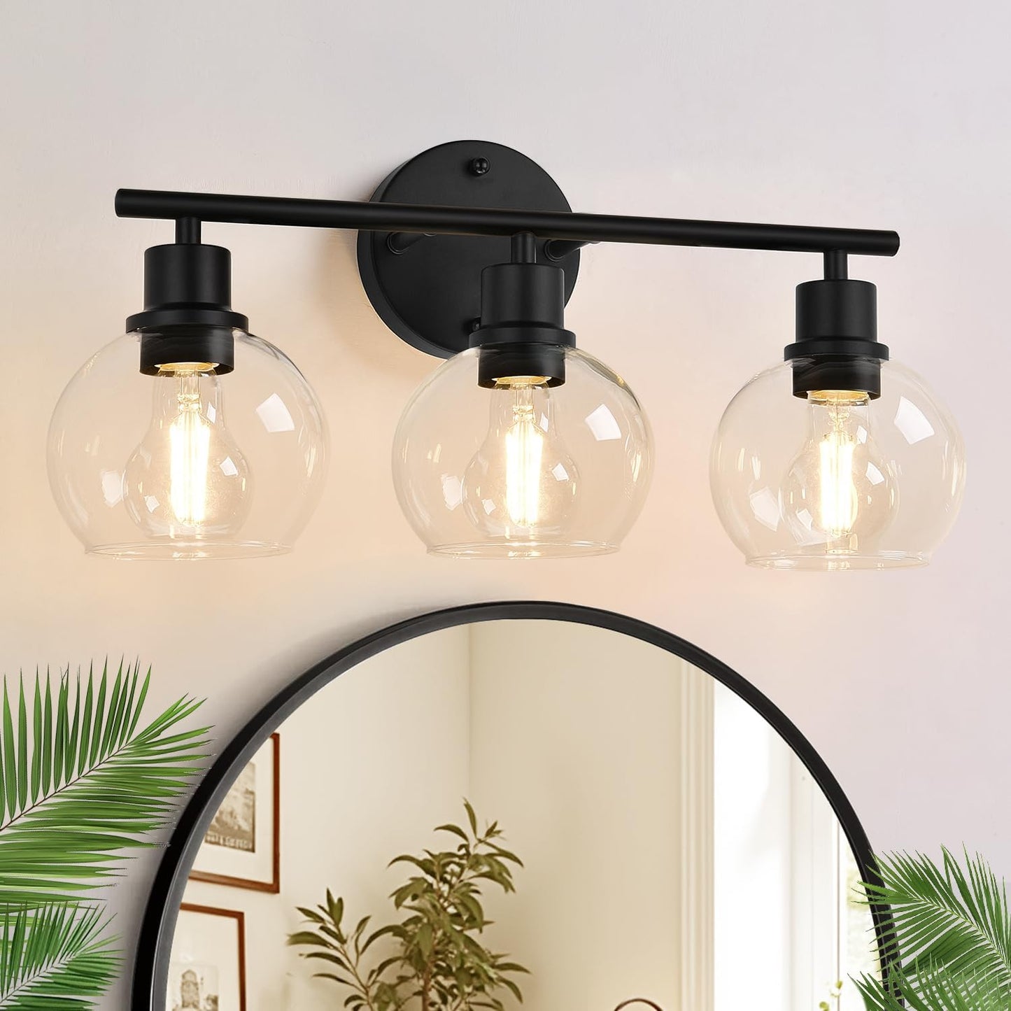 Lámpara baño 3 luces negras con pantalla vidrio transparente