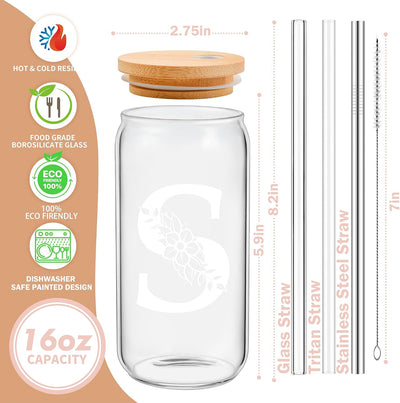 Taza vidrio con monograma tapa pajita personalizada