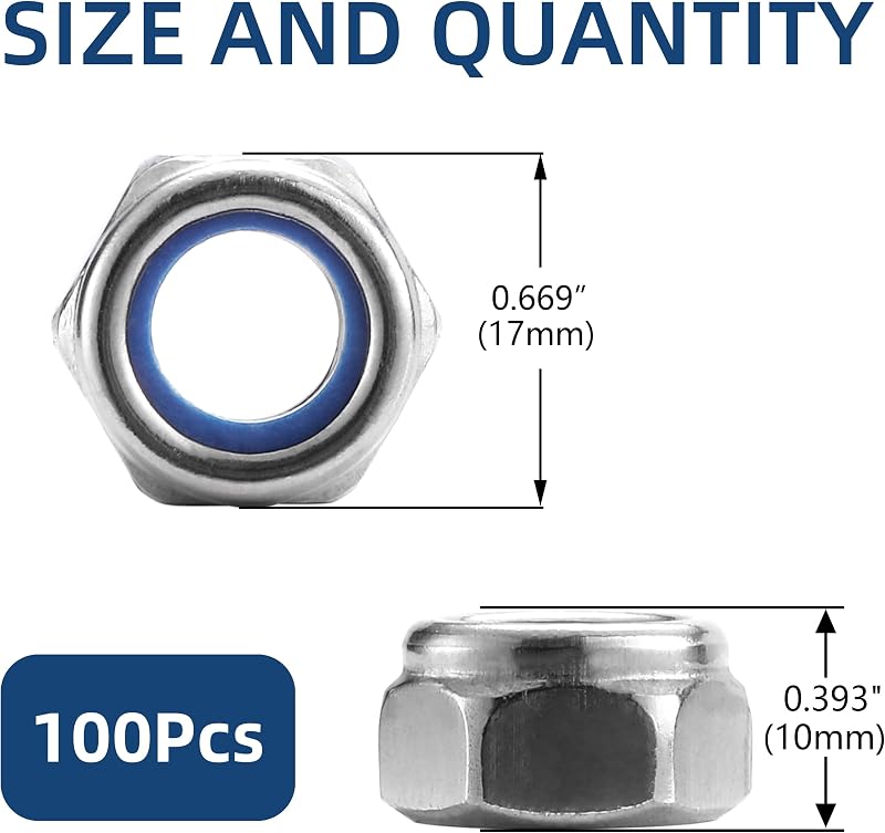 100 Pzas Tuercas Hex 10x1.5mm Acero Inox 304 Brillante