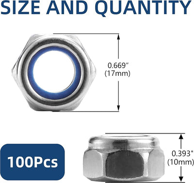 100 Pzas Tuercas Hex 10x1.5mm Acero Inox 304 Brillante