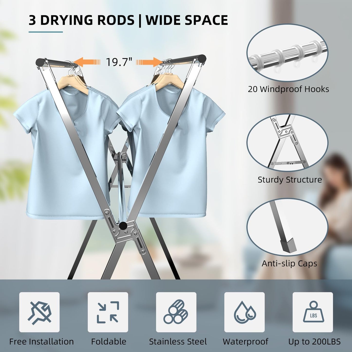 Estante secado ropa acero inox 95" 20 ganchos resistentes