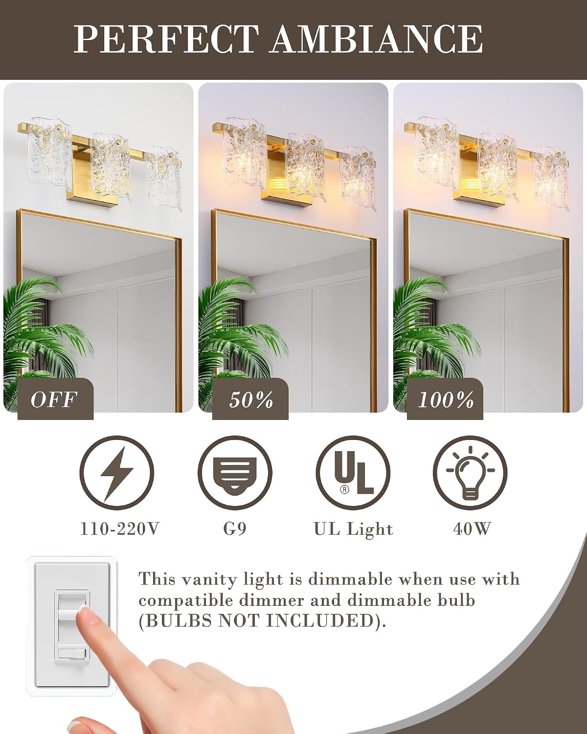 Lámpara baño 3 luces sobre espejo oro cepillado moderna