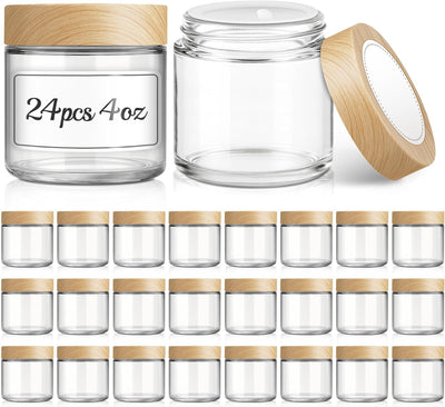 24 Tarros Vidrio 4oz Tapas Plástico Grano Madera Recargables