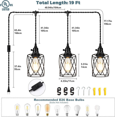 Lámpara colgante 3 luces 19ft cuerda negra pantalla
