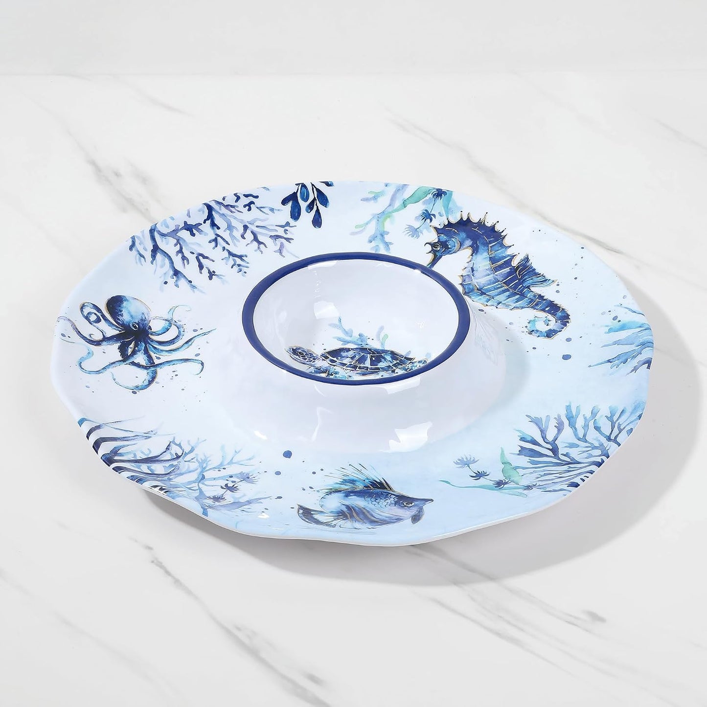 Bandeja redonda servir melamina azul 13.5pulg