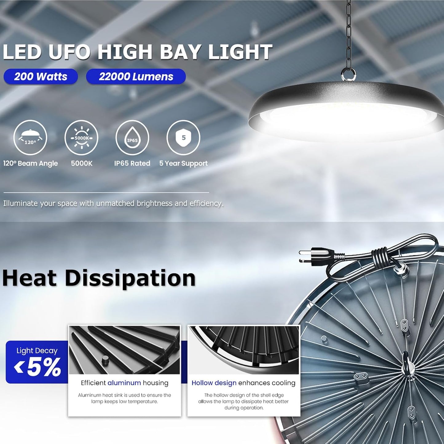 8 Luces LED UFO 200W 6000K para Garaje y Fábrica