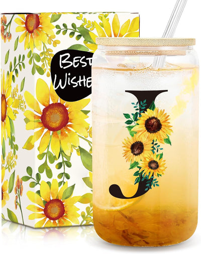 Taza vidrio 16oz con popote y tapa iniciales regalo mujer