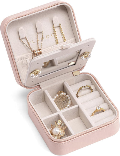 Organiz. joyas viaje con espejo rosa para mujer