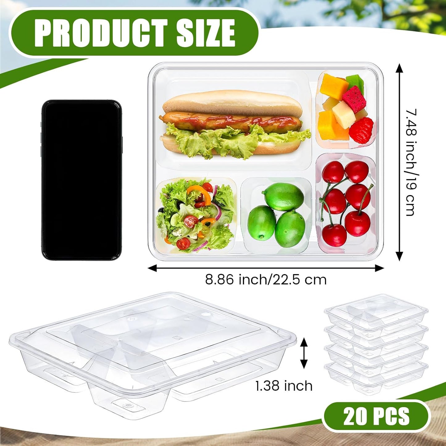20 Pzas Cajas Bento Almuerzo Tapas Divididas Apilables