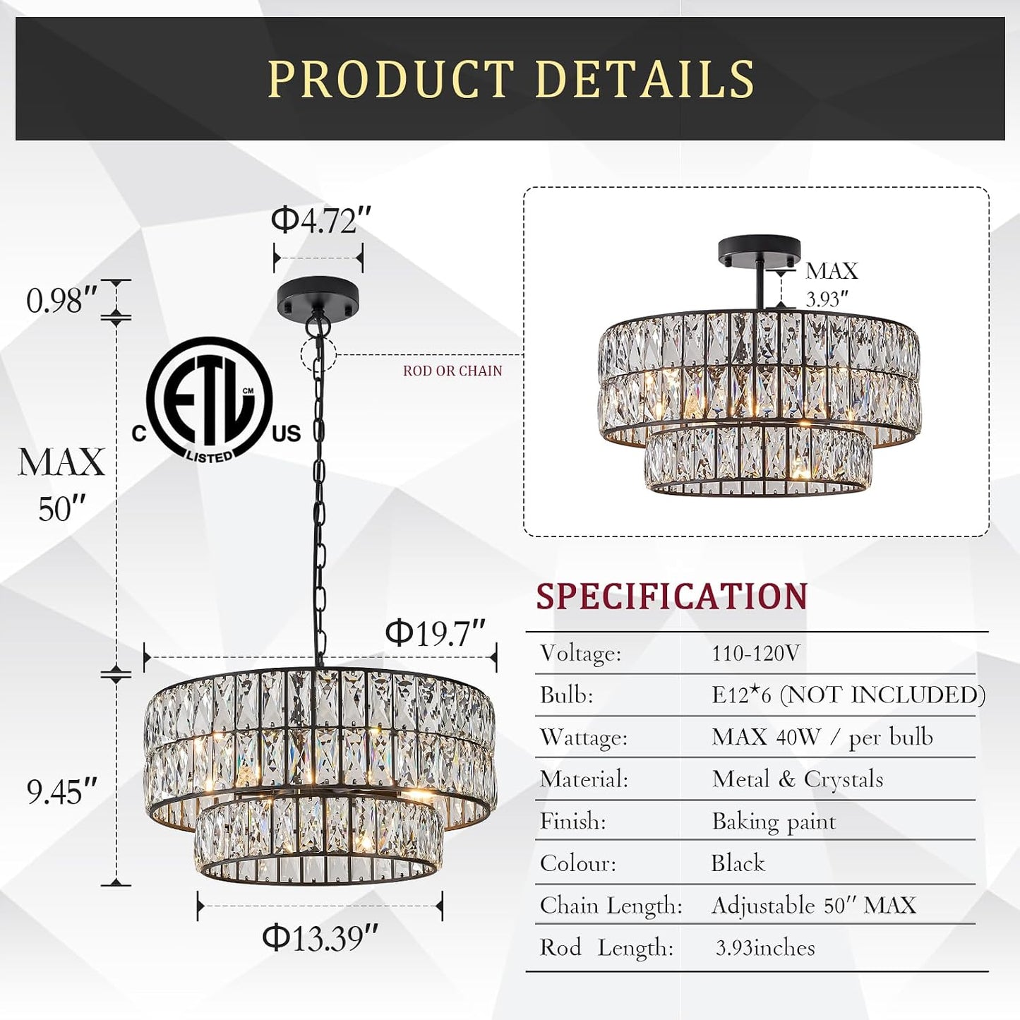 Candelabro cristal negro 6 luces 20pulg para comedor