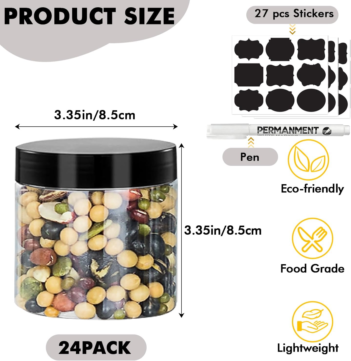 Tarros plástico 12oz con tapas negras pack 24 transparentes