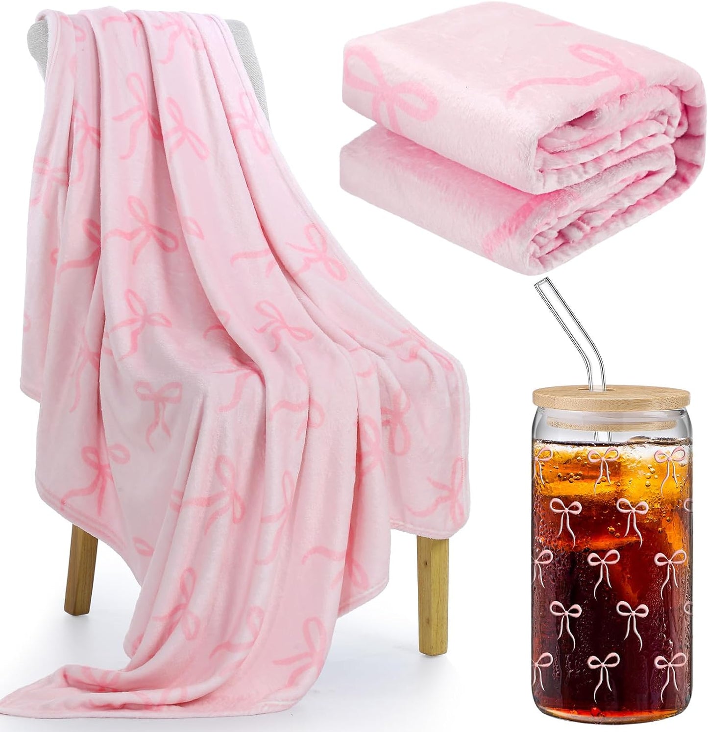 Set 2 Pzas Lazo Rosa Manta y Taza Vidrio 16oz