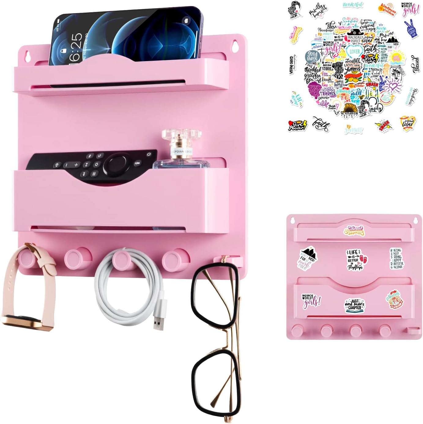 Organiz. accesorios mesita noche con ganchos pared niña