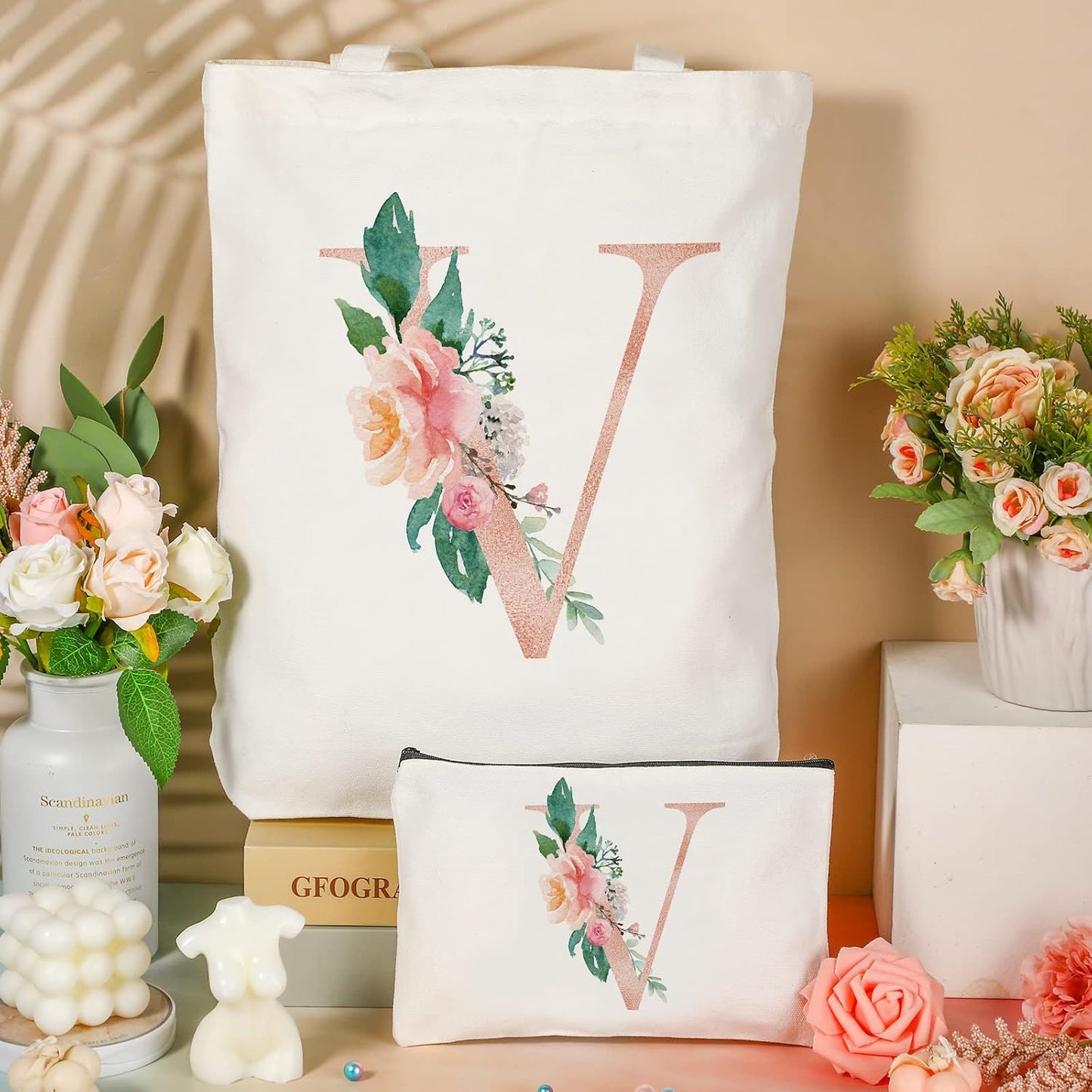 2 bolsas lona diseño floral monograma mujer