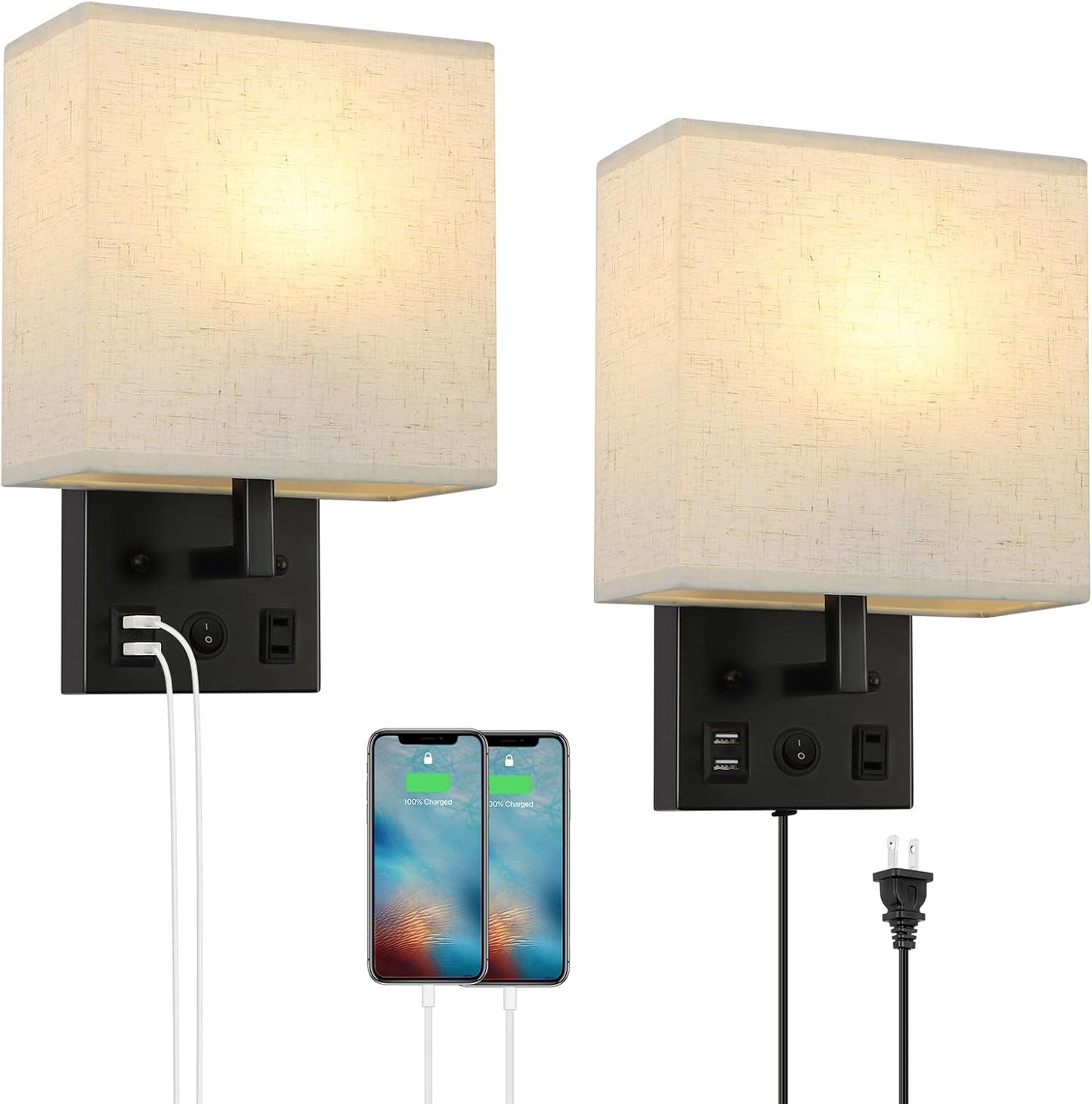 2 Lámparas pared dormitorio con USB y enchufe negro