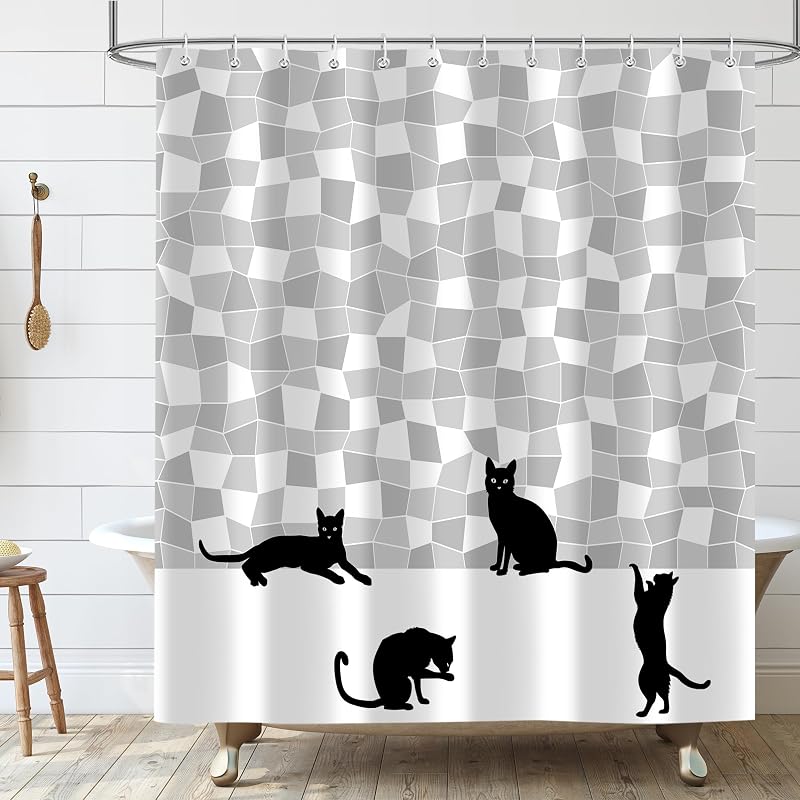 Cortina ducha con gato negro gris blanco 72x72pulg poliéster