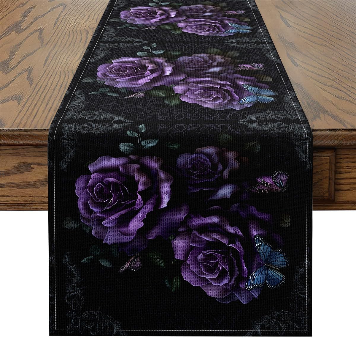 Camino mesa rosas moradas 13x72pulg mariposas hojas bohemio