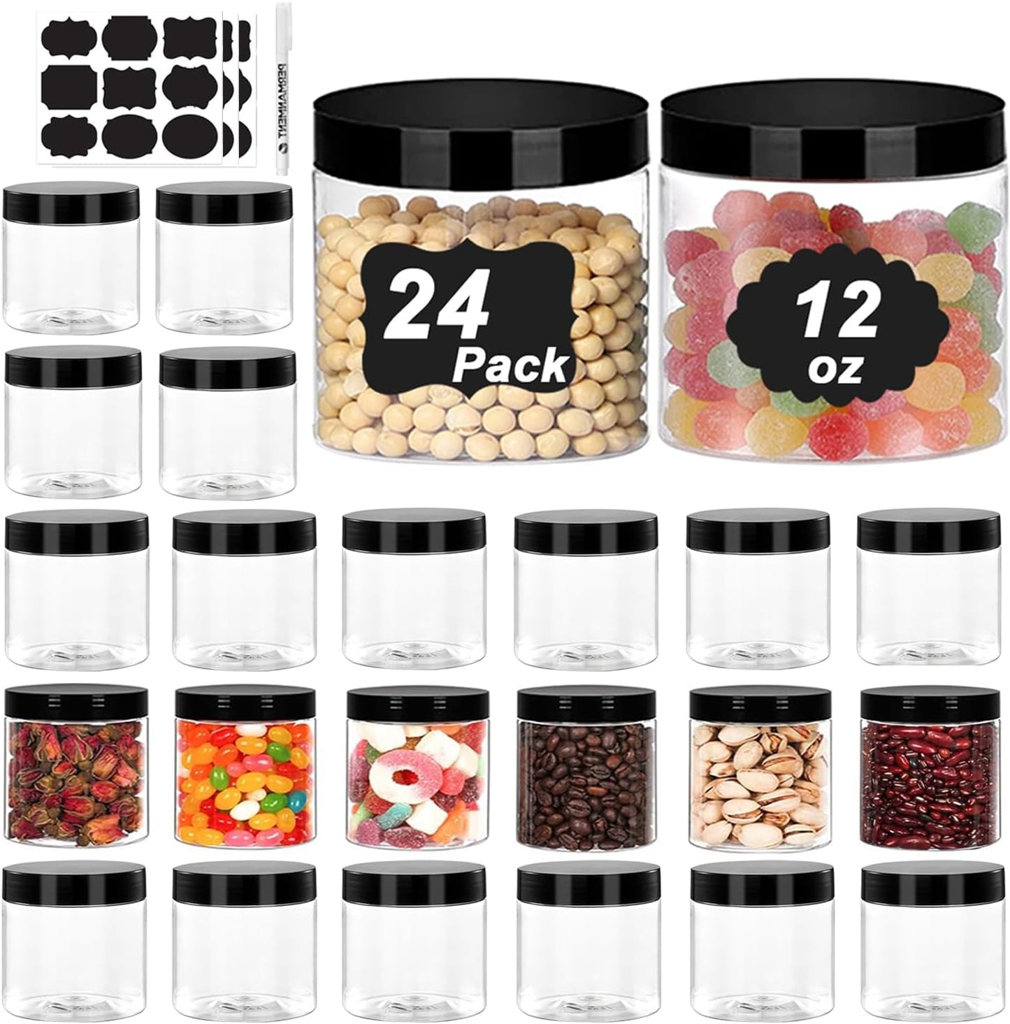 Tarros plástico 12oz con tapas negras set 24