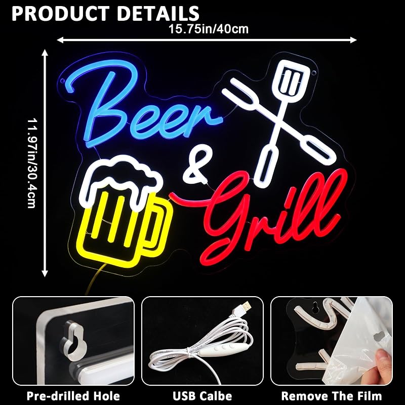 Letrero neón parrilla LED regulable USB 15.75x11.97"
