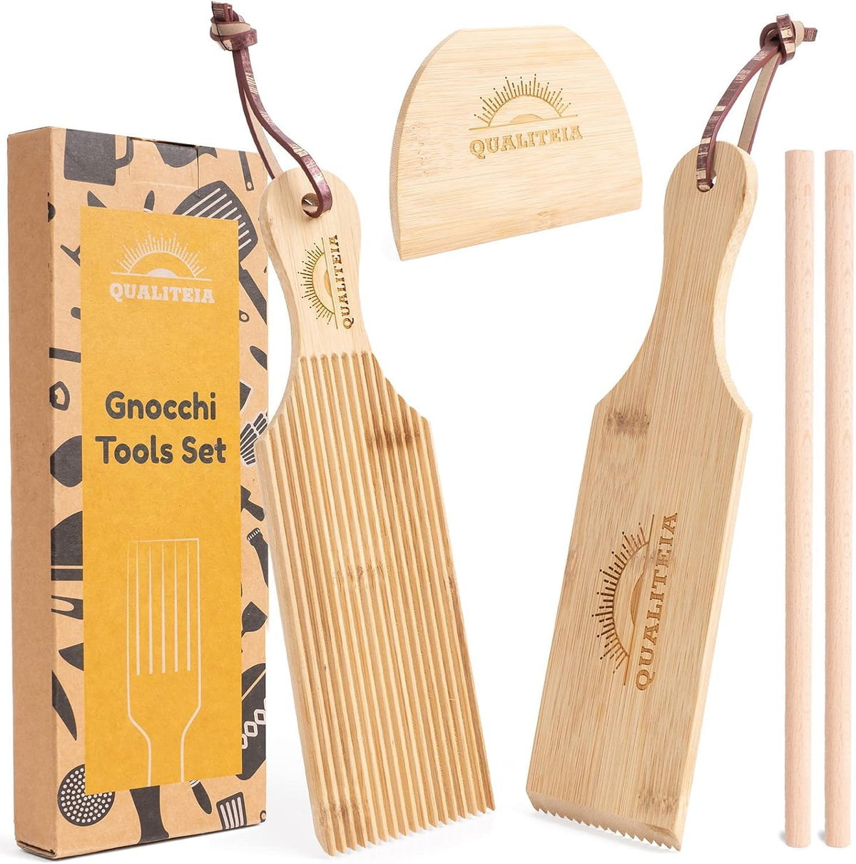 Juego 4 tablas ñoquis paletas rodillos cortador pasta bambú