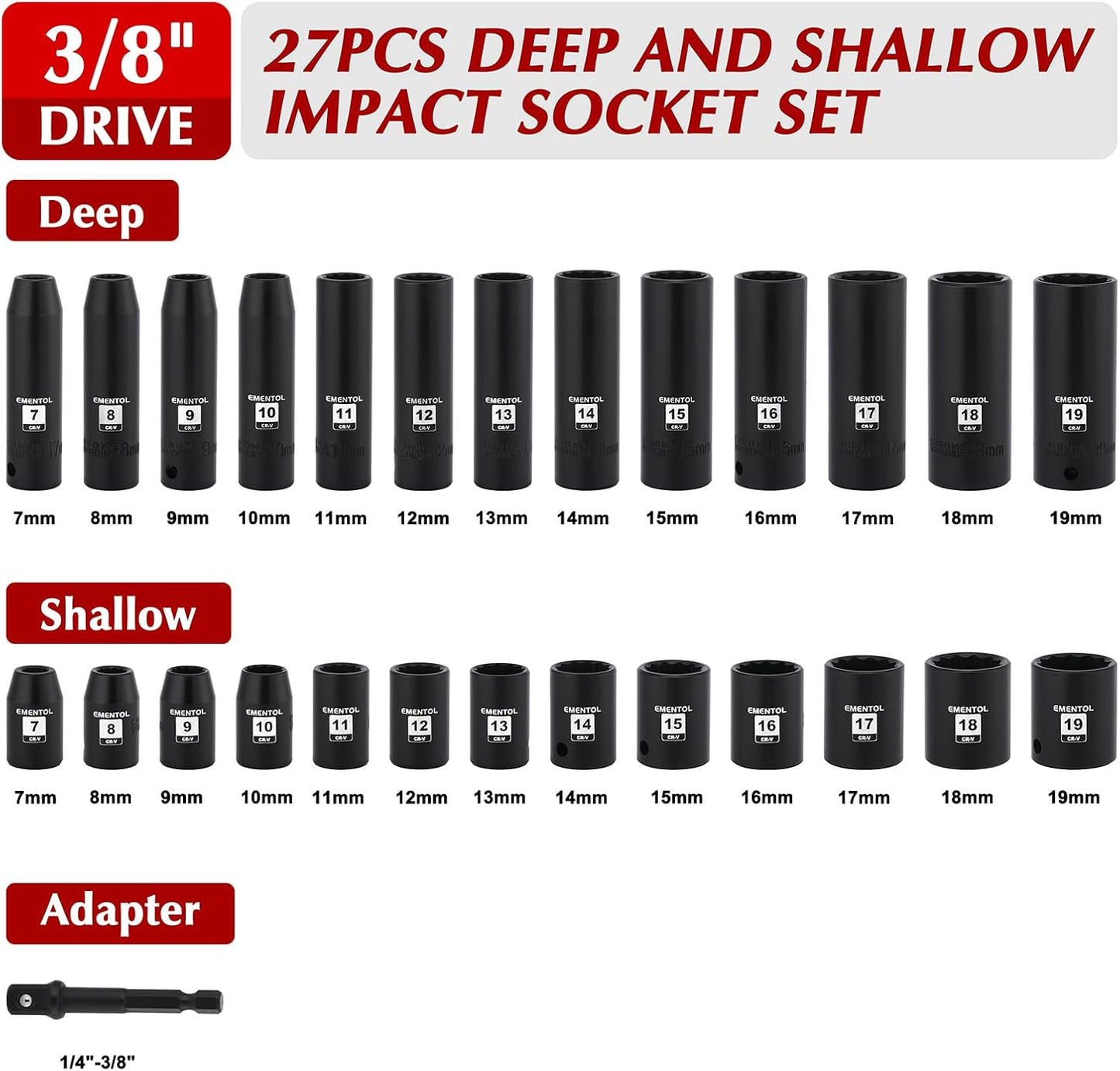 Set 27 Pzas Llaves Impacto 3/8 7-19mm
