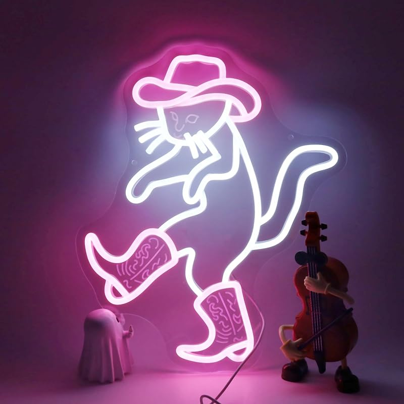 Letrero neón gato vaquero sombrero rosa decoración hogar
