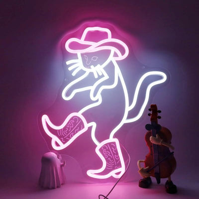Letrero neón gato vaquero sombrero rosa decoración hogar