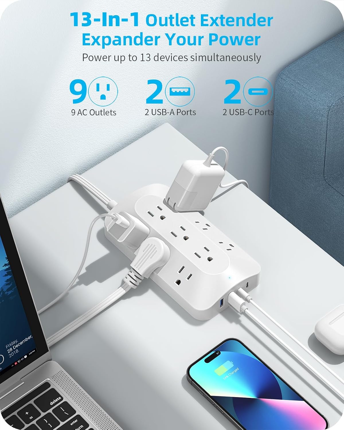Regleta sobretensión 5ft 9 tomas 4 USB (2 USB C) blanco