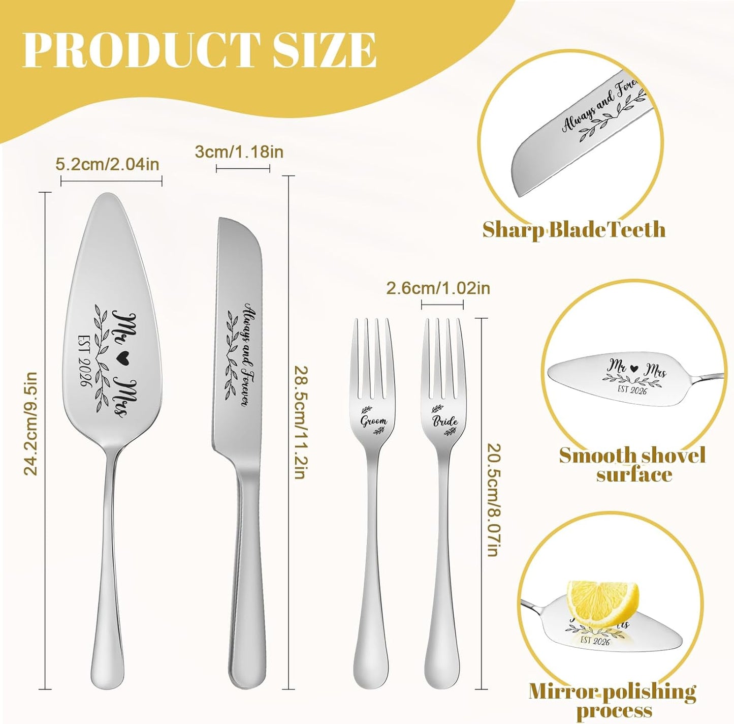 Set 4 cuchillos acero inox para pastel boda plateado
