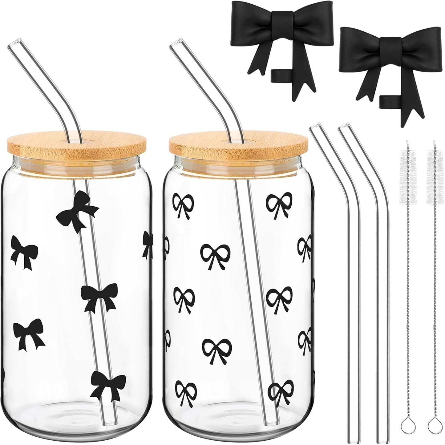 Set 2 vasos vidrio 16oz con lazo tapas popote silicona