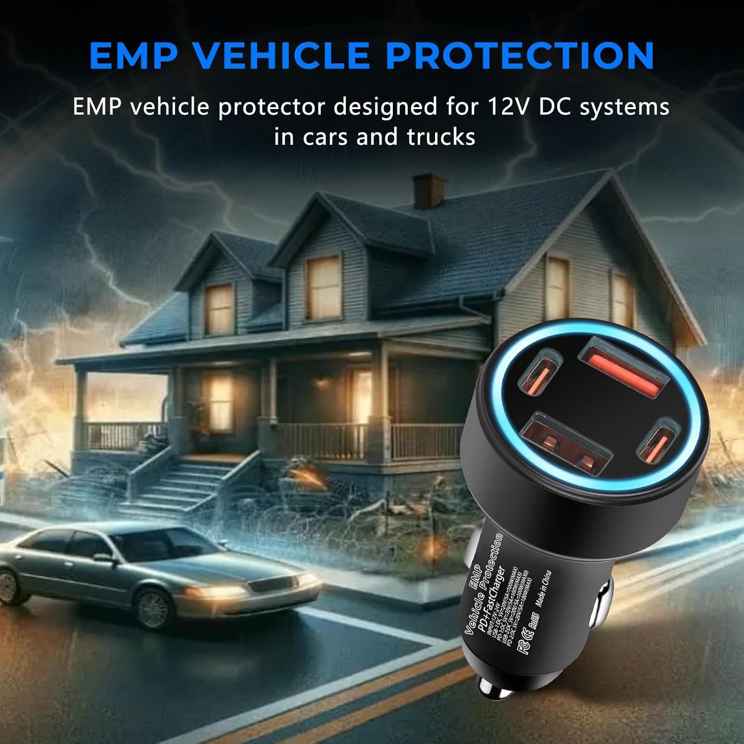 Protección vehicular con USB PD 12V contra sobretensiones