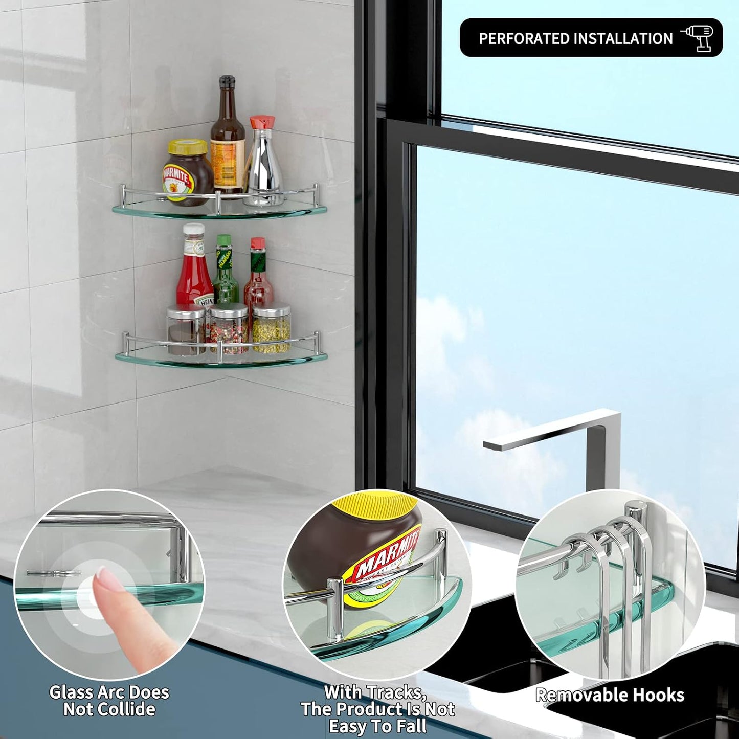 Estante ducha cristal esquina con 3 ganchos