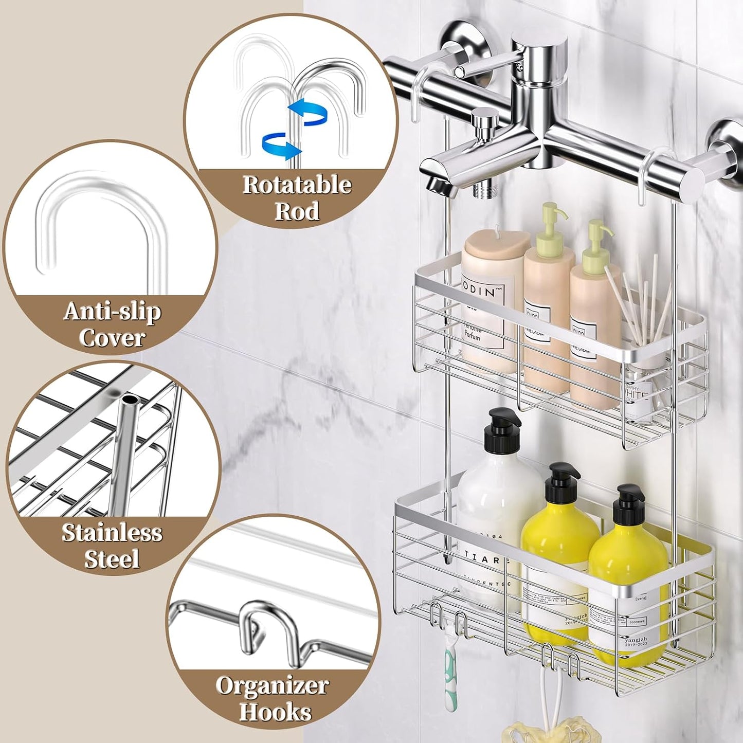 Organiz. ducha colgante 2 niveles con ganchos y cesta