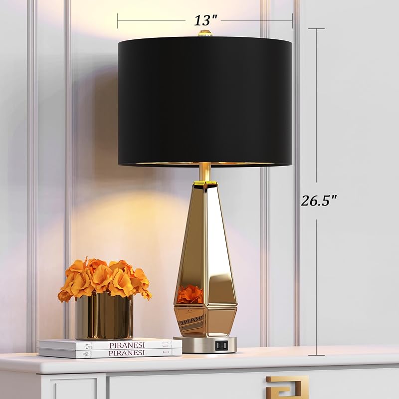 2 Lámparas Mesa Noche Vidrio Espejado USB Ámbar Tela Negra