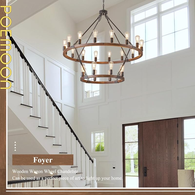 Candelabro madera rueda vagón 2 niveles 43.3 luces negro