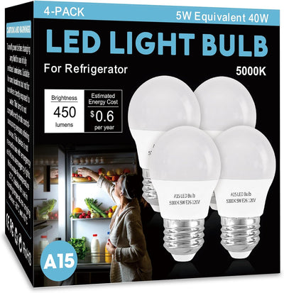 Bombilla LED para refrigerador 5000K 5W A15 E26 4 Pzas