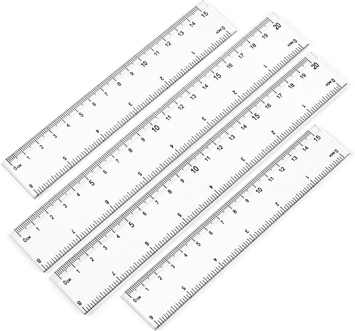 Set 4 reglas plástico transparente 6x8 pulg y métricas para escuela