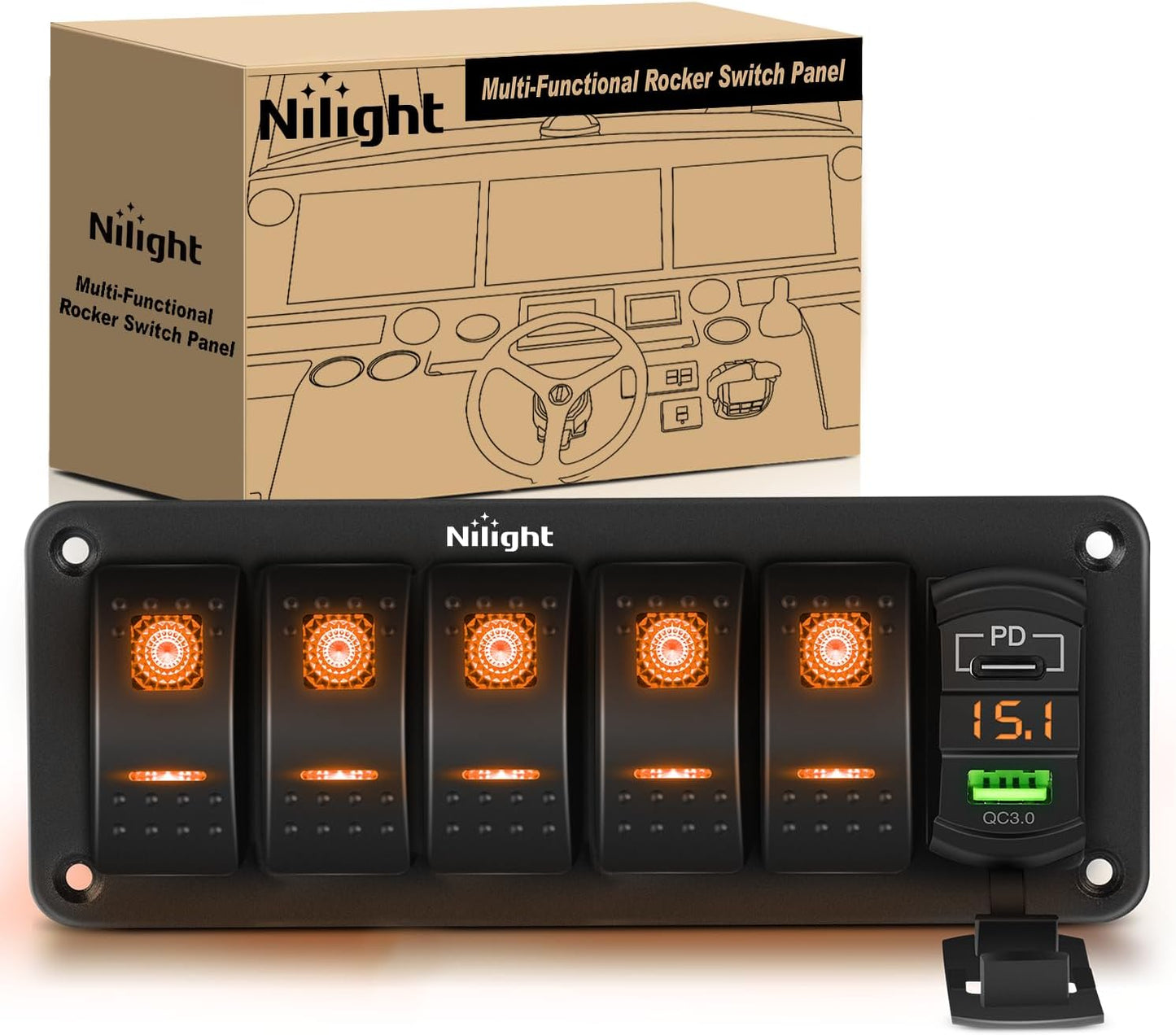 Panel interruptor basculante 5 bandas PD C USB 12V SPST naranja