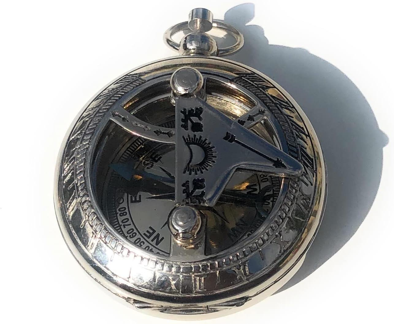 Brújula reloj sol latón cadena regalo vintage