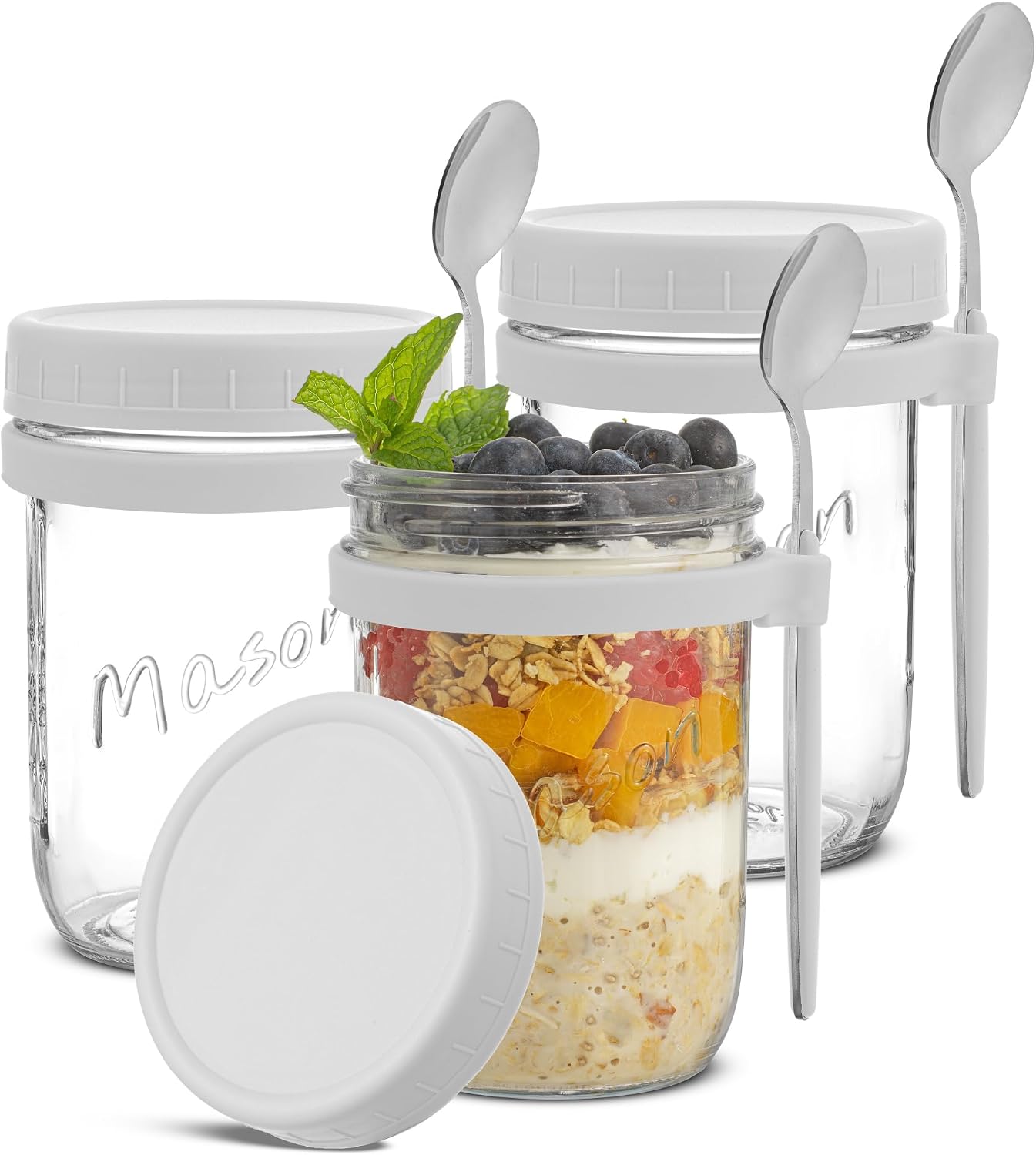 3 Frascos Vidrio Avena Nocturna con Tapas y Cucharas 16oz