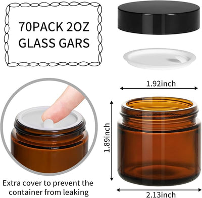 70 Frascos Vidrio Ámbar 2oz Tapas Negras Vacíos Cosméticos