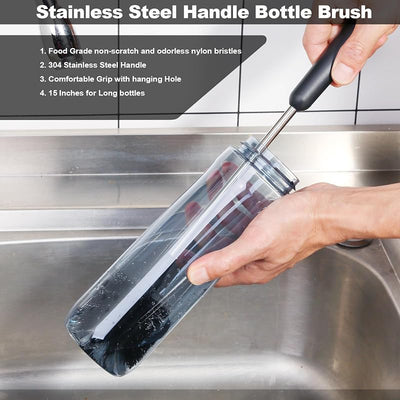 4 Cepillos Botella con Limpiador Pajilla Mango Acero Inox Negro