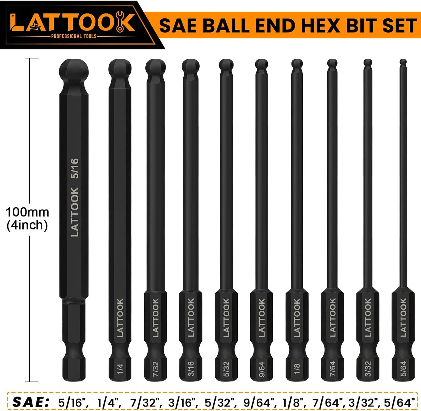 Set 10 Brocas Hexagonales 5/16 a 5/64 pulg SAE Acero Magnético S2