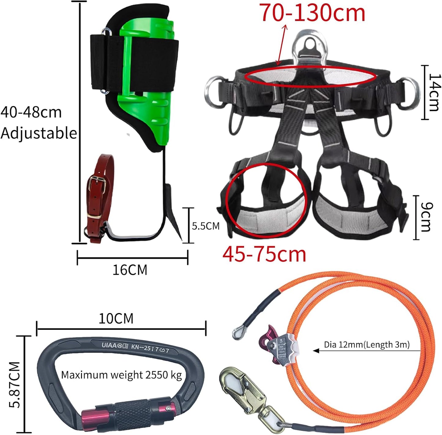 Equipo escalada árboles con correas ajustables y núcleo