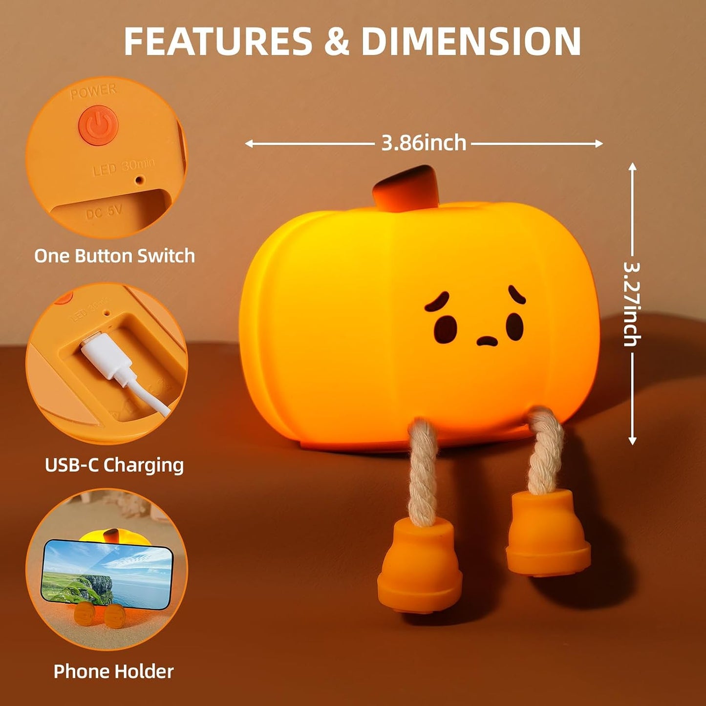 Luz Nocturna Calabaza para Niños Halloween Recargable de Silicona