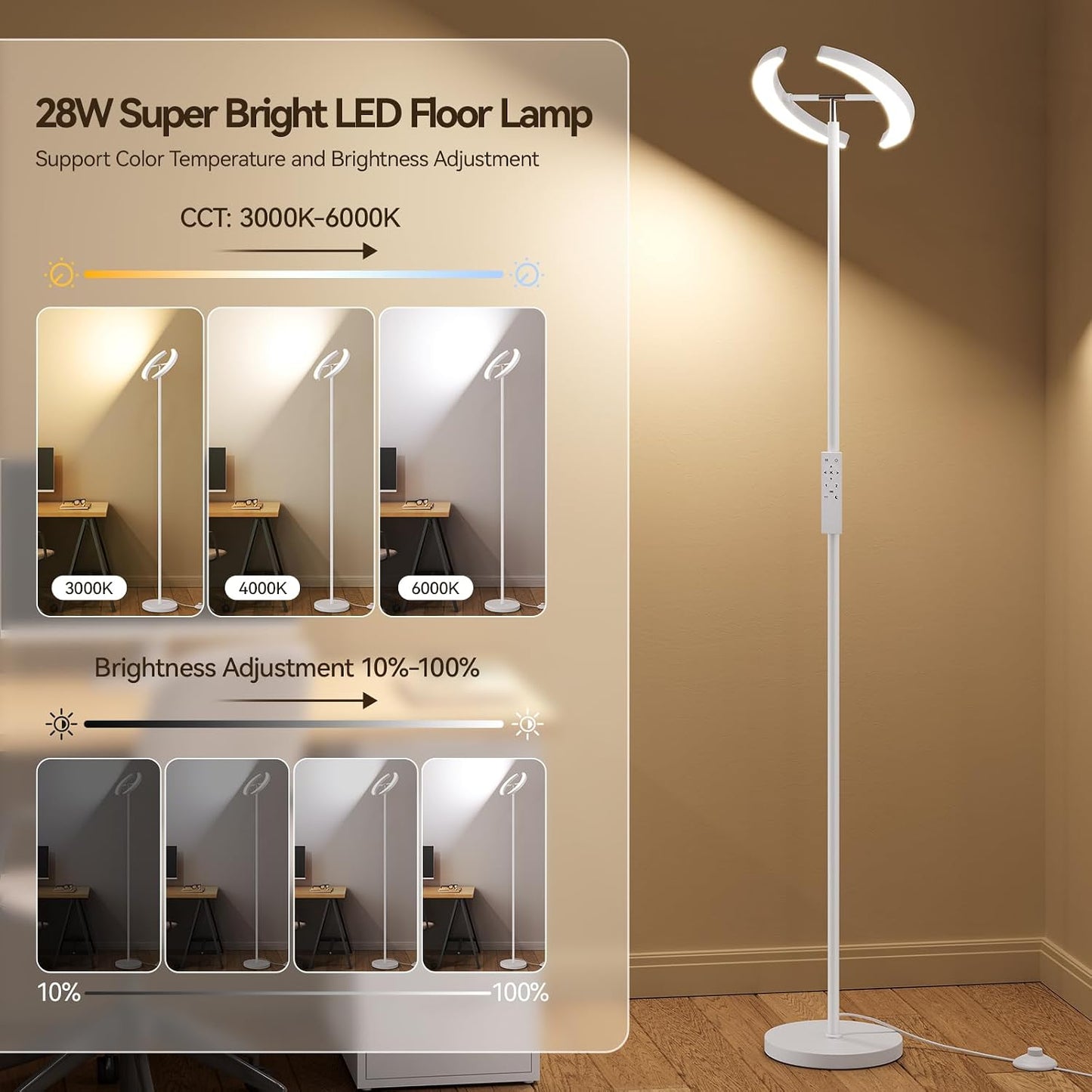 Lámpara pie sala led 28w 1600lm control remoto 74pulg