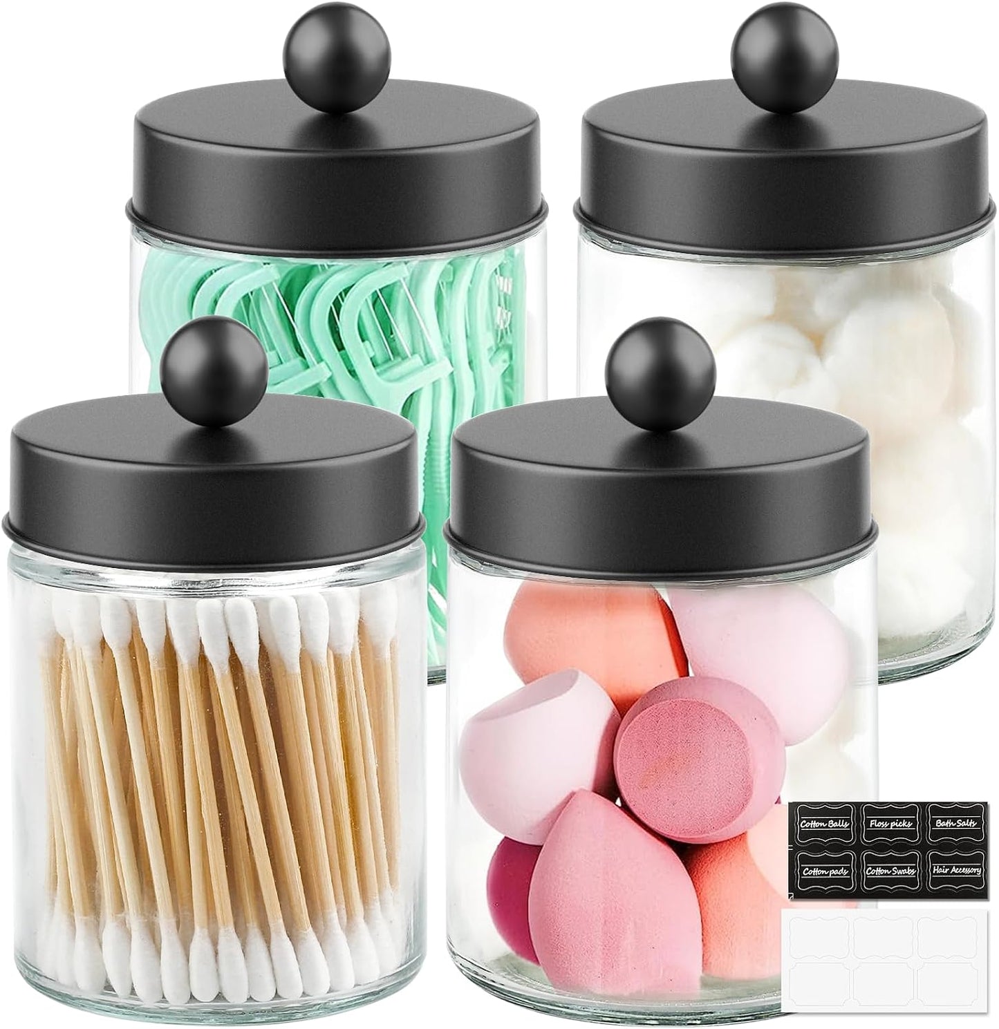 4 Tarros Vidrio con Tapas para Qtip y Hisopos Baño Negro