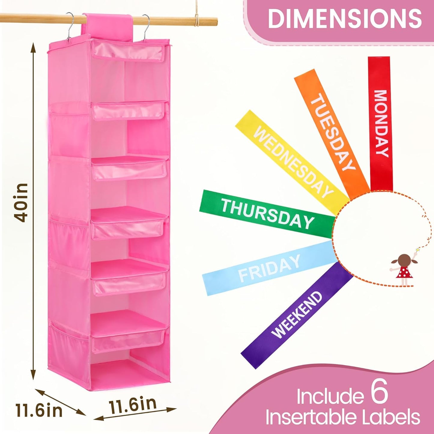2 Organizadores Ropa Niños 6 Estantes Rosa